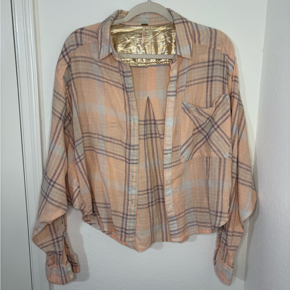 Free People Cutie Cropped Plaid Shirt Oversized Dolman Sleeve Top Size Medium - Picture 2 of 16